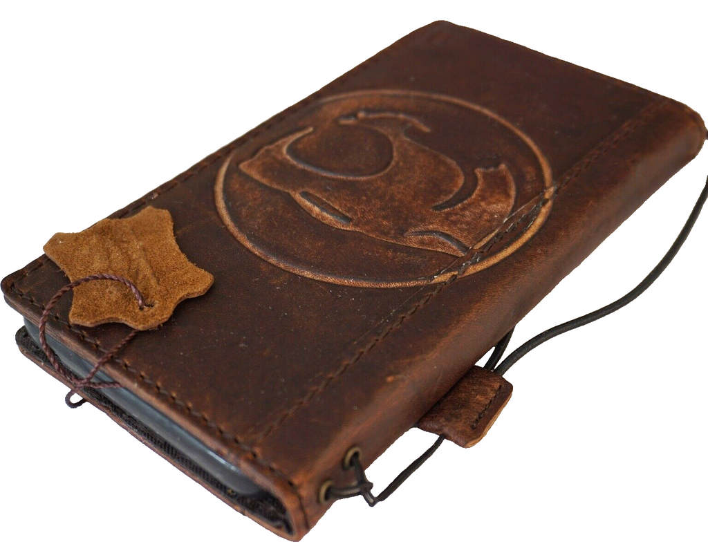 Handcrafted genuine leather phone case for iPhone 11-15 Pro Max, with vintage dog paw and tiger stamping, credit card slots, DavisCase