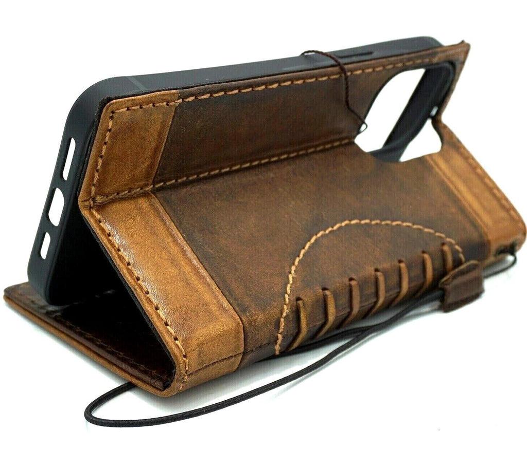 Handmade leather phone case for iPhone and Samsung, vintage style with card slots, full grain leather, and wallet design.