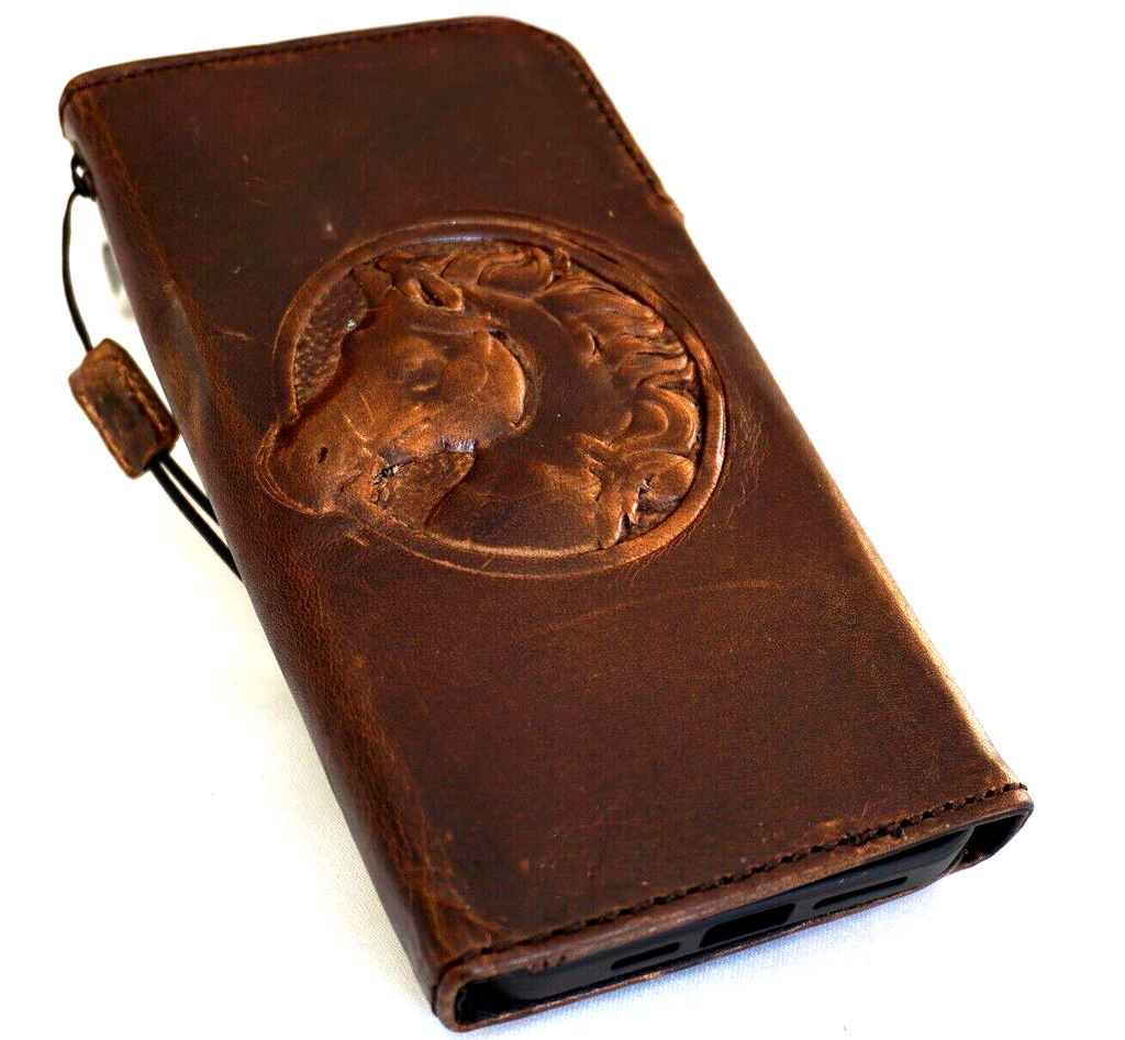 Handmade genuine leather phone case for Apple iPhone models with wallet and magnetic closure, featuring horse style design.