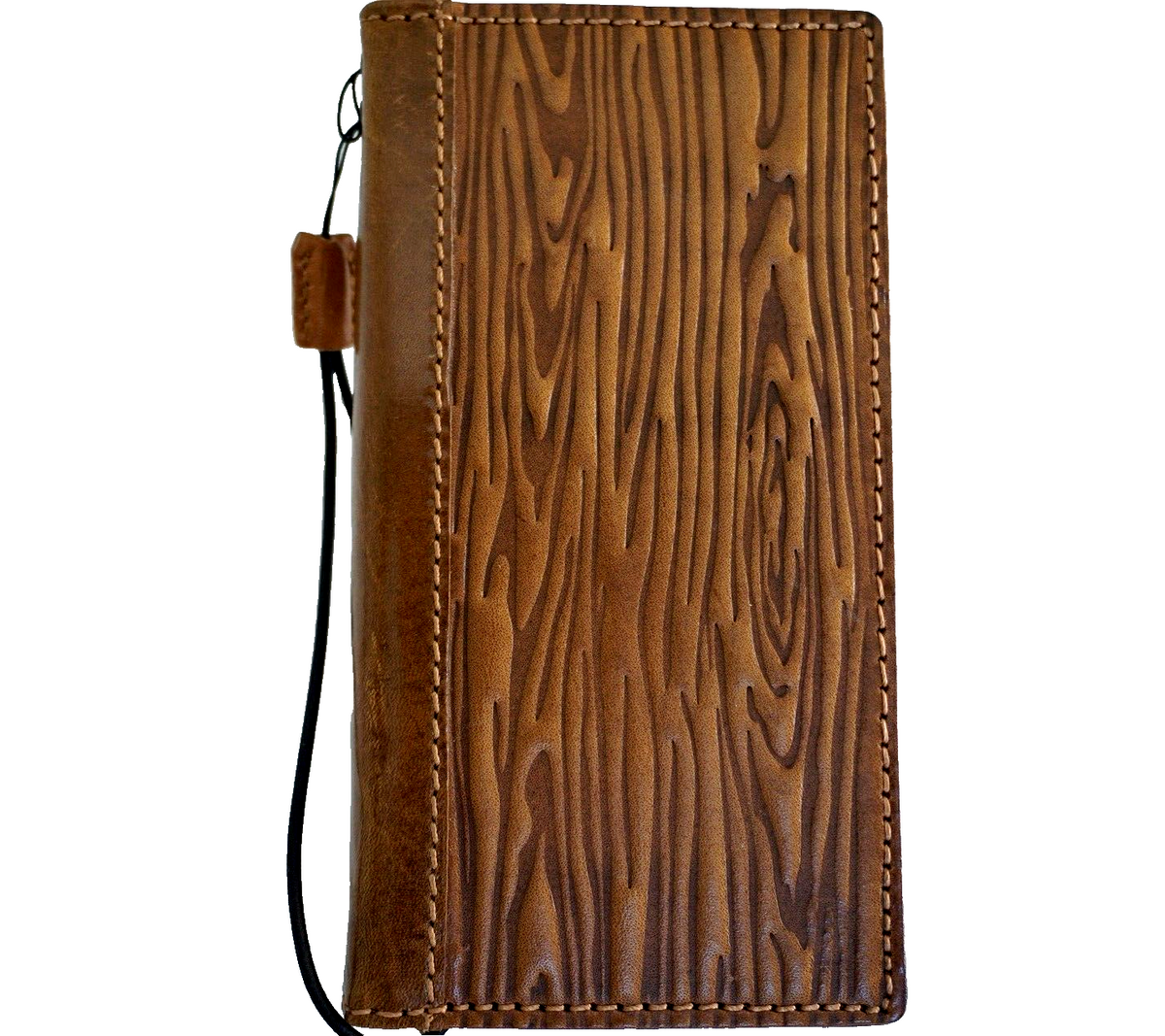 DavisCase handmade genuine leather phone case for iPhone models with vintage wood design, credit card slots, and full grain leather finish.
