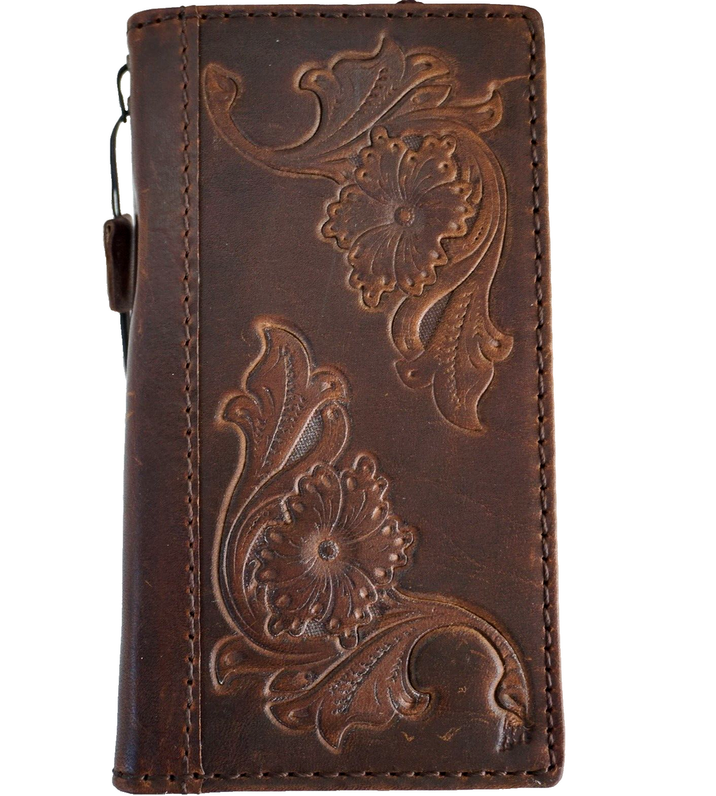 Handmade genuine leather phone case for Apple iPhone models, featuring a luxury dark mini art book cover design by DAVISCASE.
