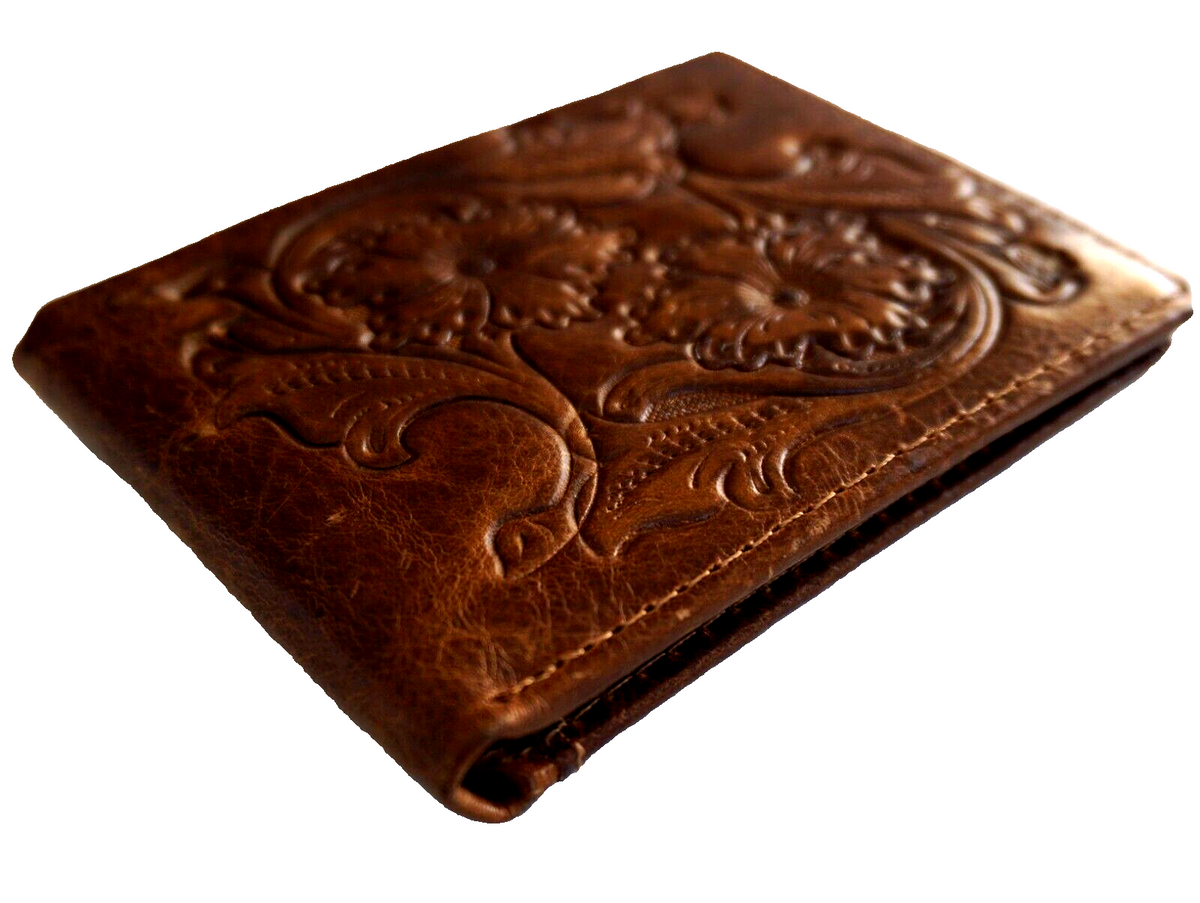 Men's genuine leather wallet by DAVISCASE with credit card slots, bill compartment, handmade tan leather, hand-decorated luxury style.