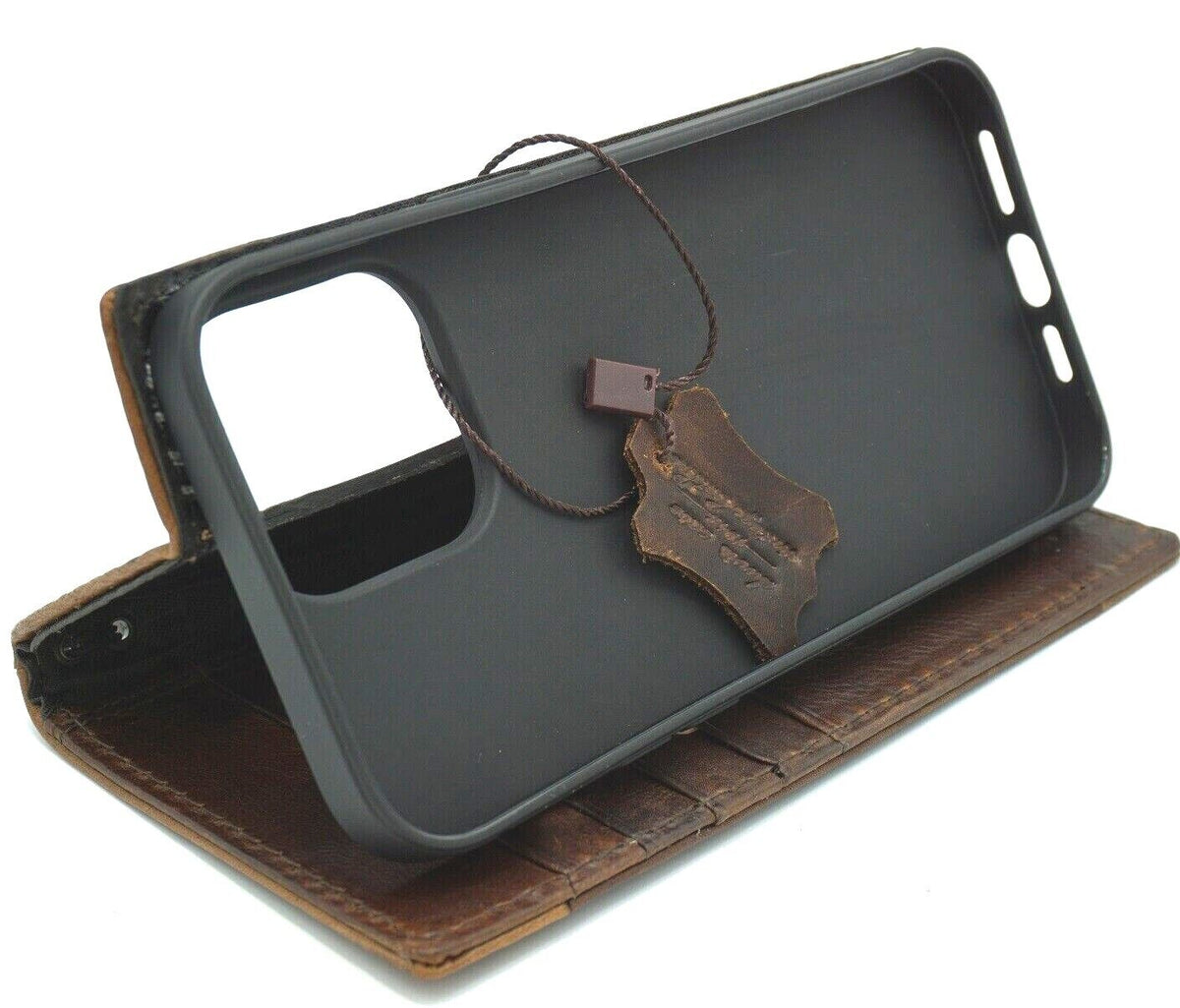 Handmade genuine leather phone case for iPhone 17, 12, 13, 14, 15, 16 Pro Max, Bible crafts wallet style by DAVISCASE.