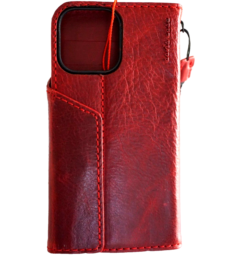 Handmade genuine leather wallet case for iPhone 16, 12, 13, 14, 15 Pro Max, 8 Plus, SE in red wine with cross Jesus design.