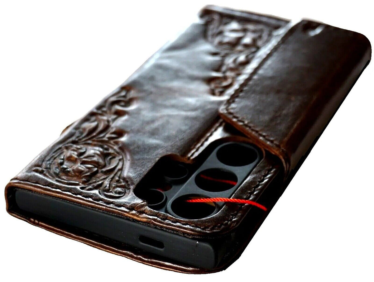 Handmade dark brown genuine leather Samsung Galaxy S24 Ultra case with book wallet design, rubber holder, magnetic closure, and wireless charging.
