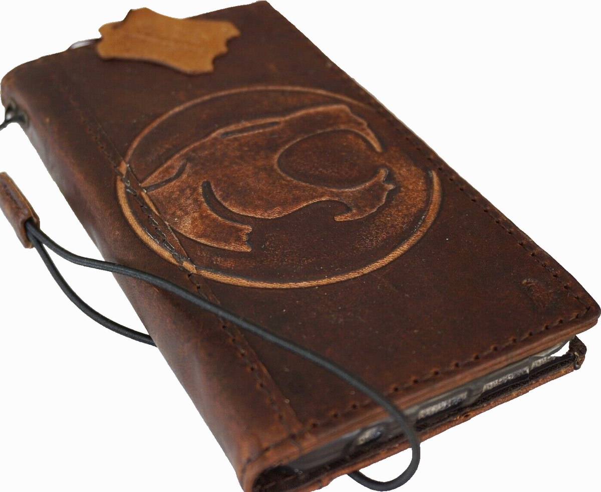 Handcrafted genuine leather wallet case for iPhone 11-15 Pro Max, vintage dog paw and tiger stamping, with card slots by DAVISCASE
