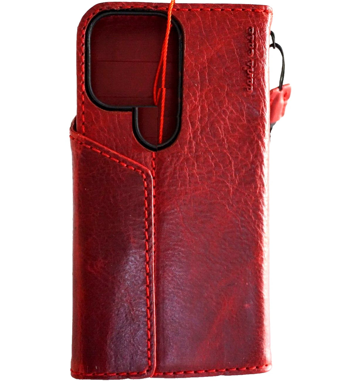 Handmade genuine leather Samsung Galaxy S24 Ultra case by DAVISCASE with magnetic closure, red wine color, and built-in wireless charger holder