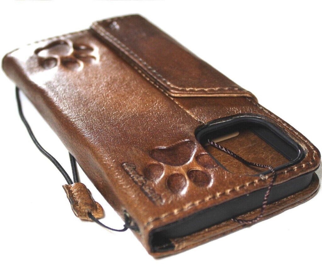 Handmade genuine leather phone case for iPhone 11-16 Pro Max, with magnetic dog paw design and wallet features by DAVISCASE.