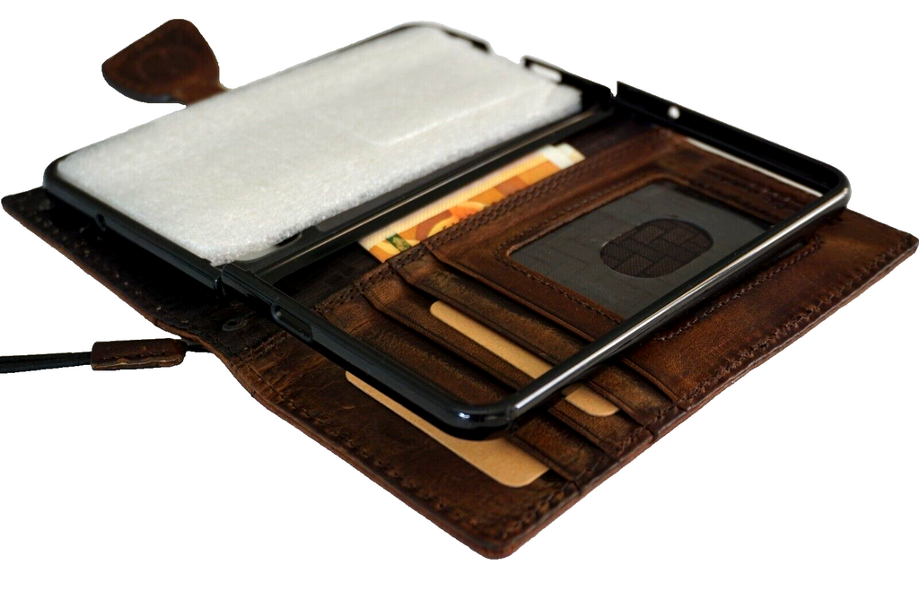 Genuine leather Google Pixel Fold case by DAVISCASE with wallet design, stand feature, and wireless charging compatibility.