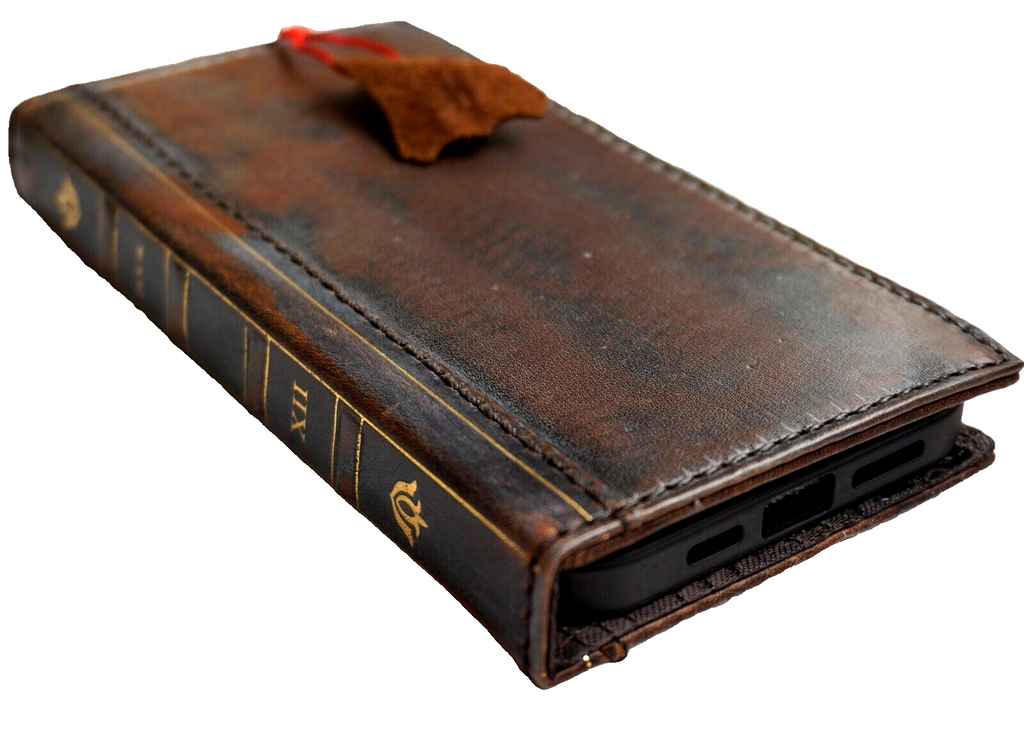 Handmade genuine leather phone case for iPhone models, featuring a wallet book design with Christian Bible crafts by DAVISCASE.