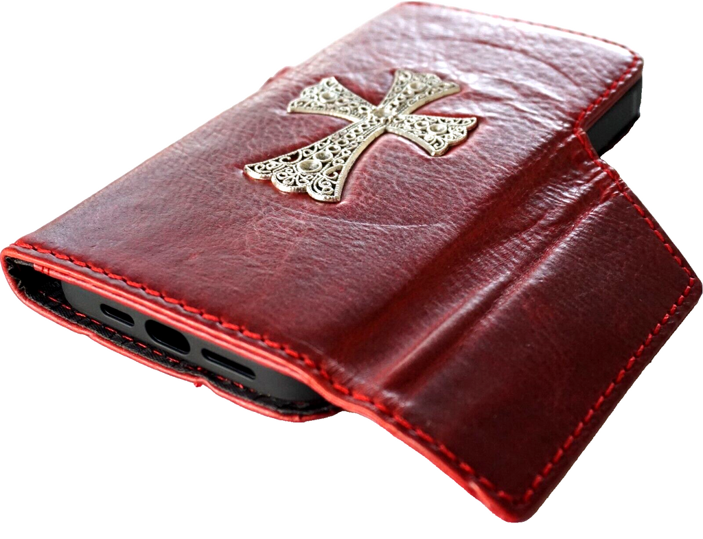 Handmade genuine leather Samsung Galaxy S24 Ultra case with magnetic closure, red wine color, wallet design, and wireless charging compatibility.