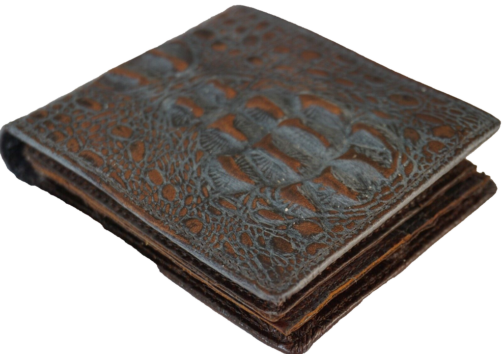Men's genuine leather money clip wallet with crocodile embossing, coin pocket, and credit card slots in vintage style.