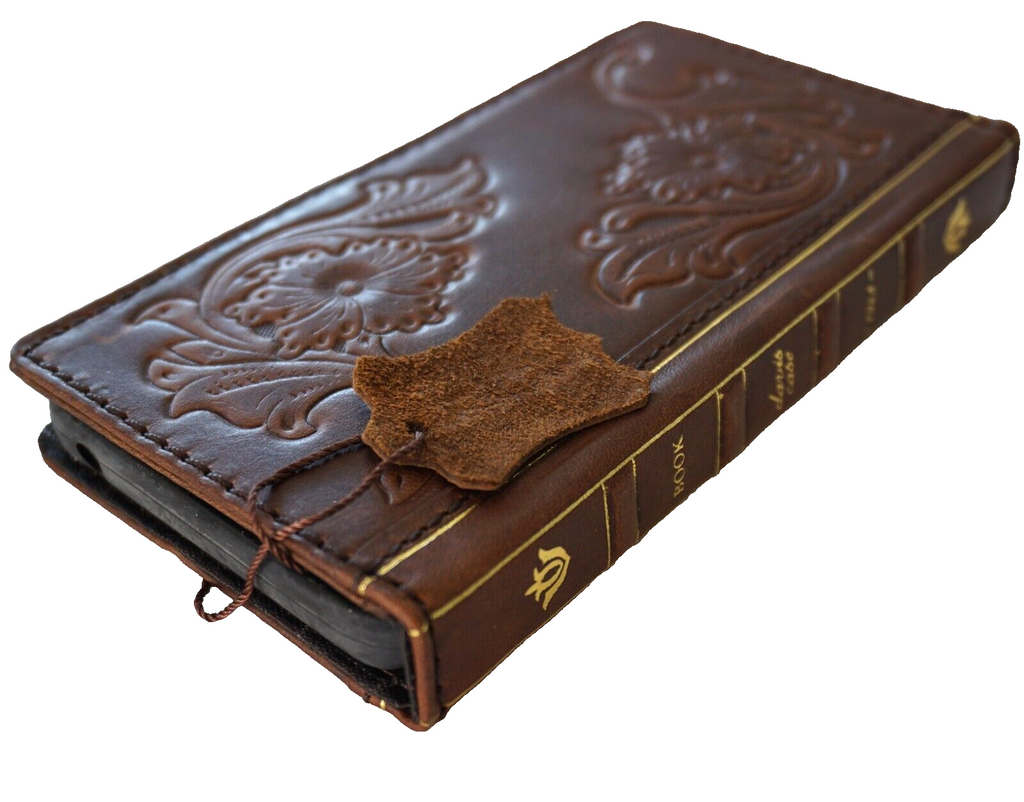 Handmade genuine leather phone case for iPhone models in tan, featuring a wallet and book cover design by DAVISCASE.