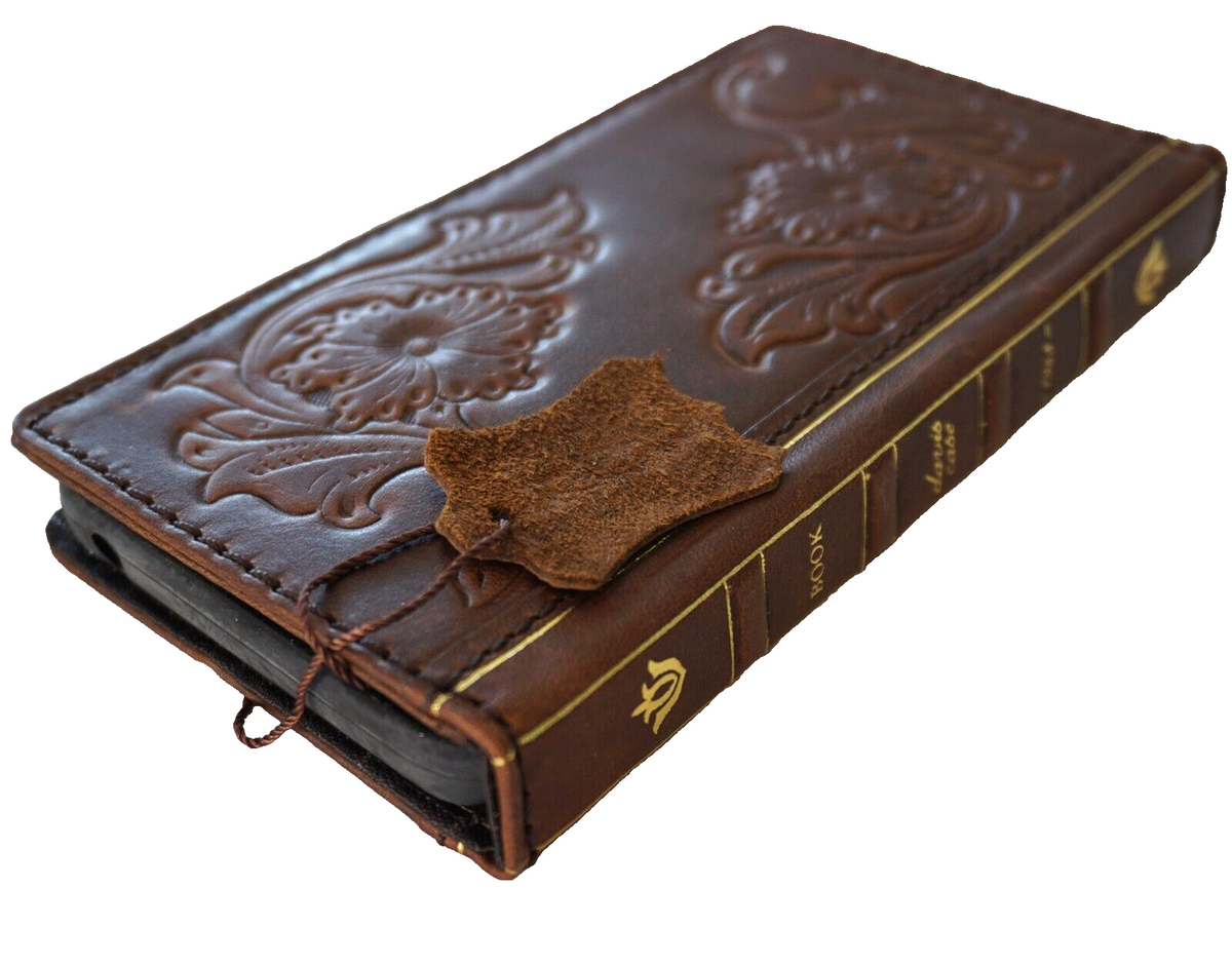 Handmade genuine leather phone case for iPhone models in tan, featuring a wallet and book cover design by DAVISCASE.