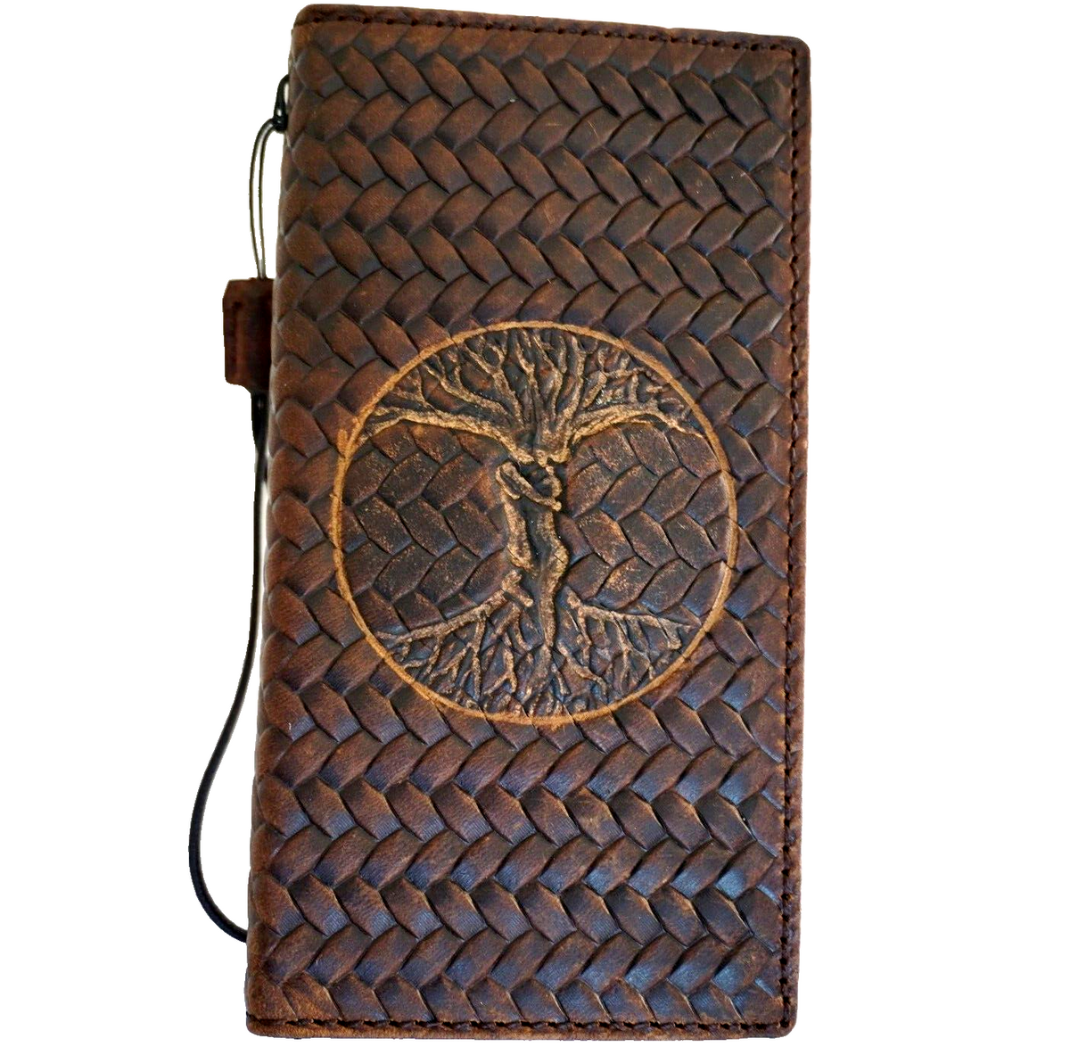 Handmade DAVISCASE genuine leather phone case for iPhone 12-16 Pro Max with Tree of Life embossing and wallet features.