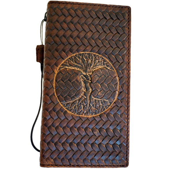 Genuine Leather Case For Apple iPhone 12 13 14 15 16 Pro Max 8 plus Crafts SE Wallet  Book  The Tree Of Life  luxury Mini Art Diy Embossing