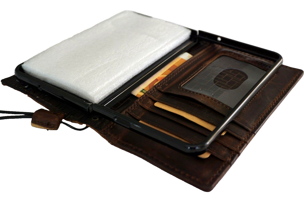 Genuine leather book wallet case for Google Pixel Fold by DAVISCASE featuring Tree of Life Adam and Eve design, stands, and wireless charging.