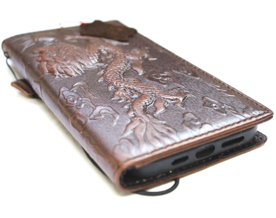 Handmade genuine leather phone case for Galaxy S22, S21, S20, S23, S24 Ultra, and more, featuring vintage art wallet style by DAVISCASE