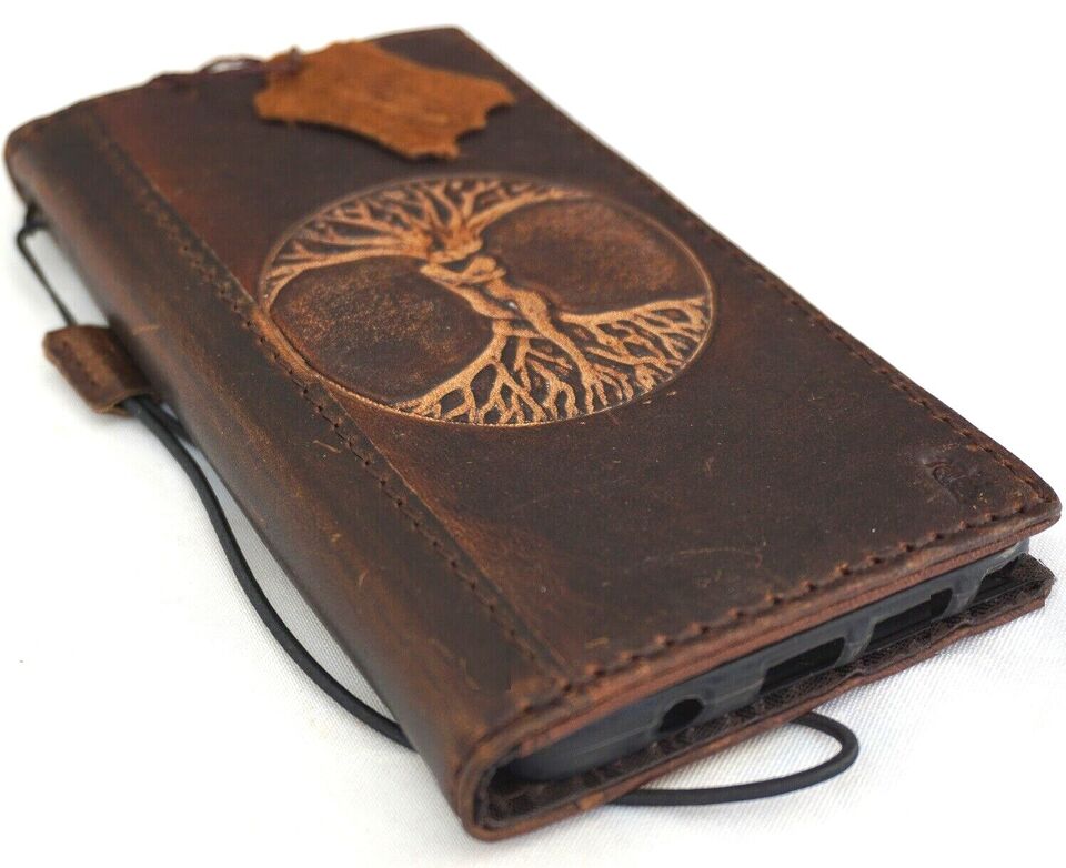 Handmade DAVISCASE genuine leather phone case for Galaxy S22, S21, S20, S23, S24, S25 Ultra, featuring Tree of Life design and wallet cover.