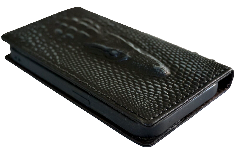 Handmade black leather phone case with vintage crocodile pattern for Samsung Galaxy S21, S20, A71, A51, and more by DAVISCASE.