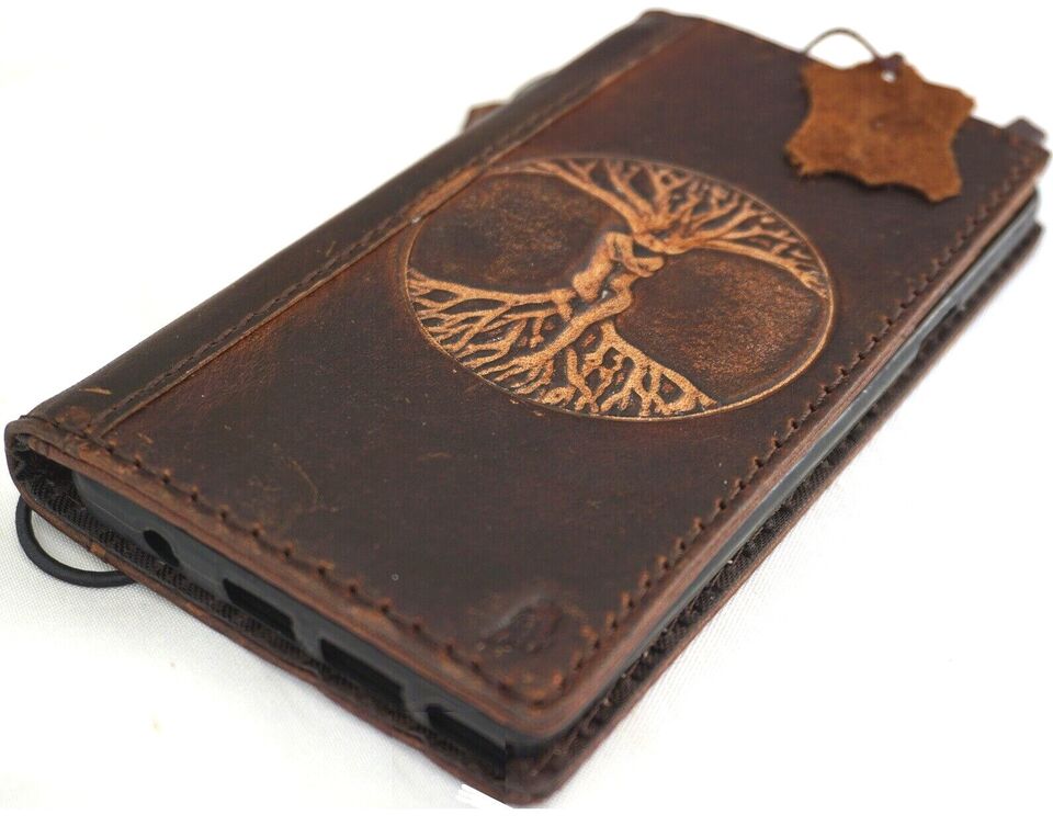 Handmade genuine leather phone case by DAVISCASE for Samsung Galaxy S series and Z Fold models with Tree of Life design.