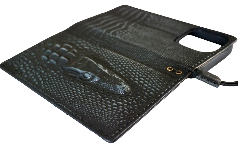 Vintage black crocodile leather phone case by DAVISCASE for Galaxy S21, S20, A51, A12, Note FE, and A53 with wallet style design.