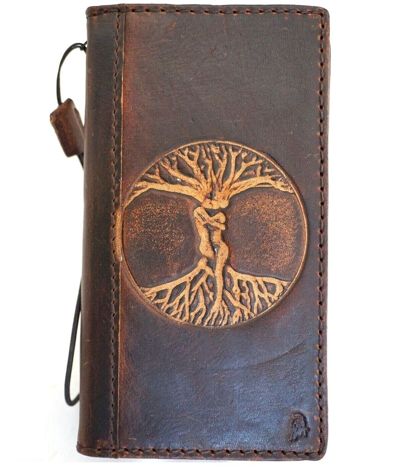 Handmade leather phone case for Samsung Galaxy S22, S21, S20, S23, S24, S25 Ultra and Z Fold 3-7 with Tree of Life design.