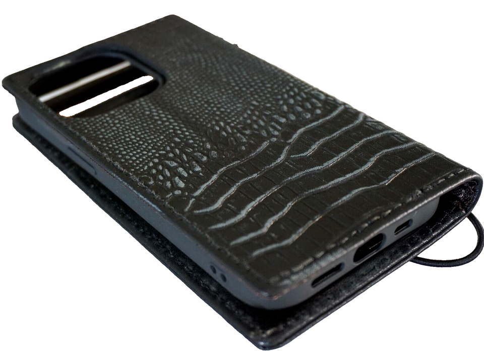 Handmade leather phone case by DAVISCASE for Galaxy S21, S20, Note FE, A53, A71, A51, with vintage crocodile design in black.