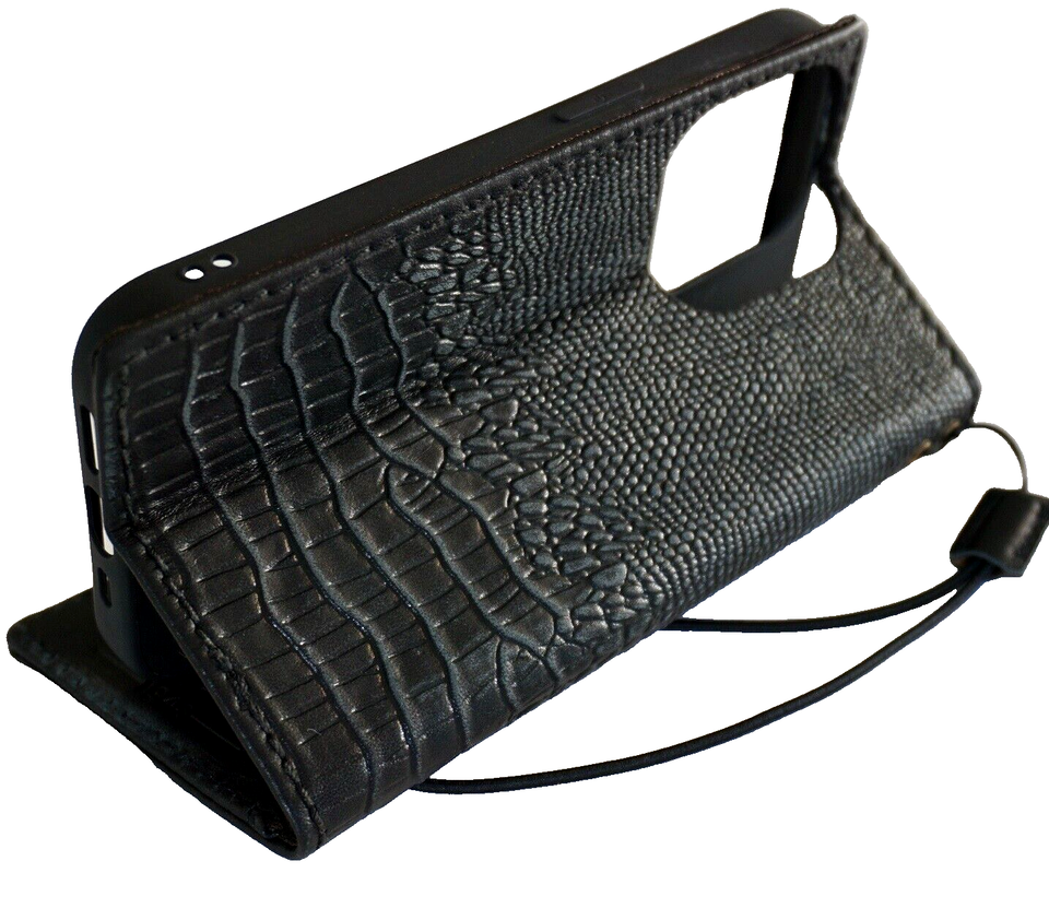 Handmade genuine leather phone case by DAVISCASE for Galaxy S21, S20, Note, A series, in black vintage crocodile style.