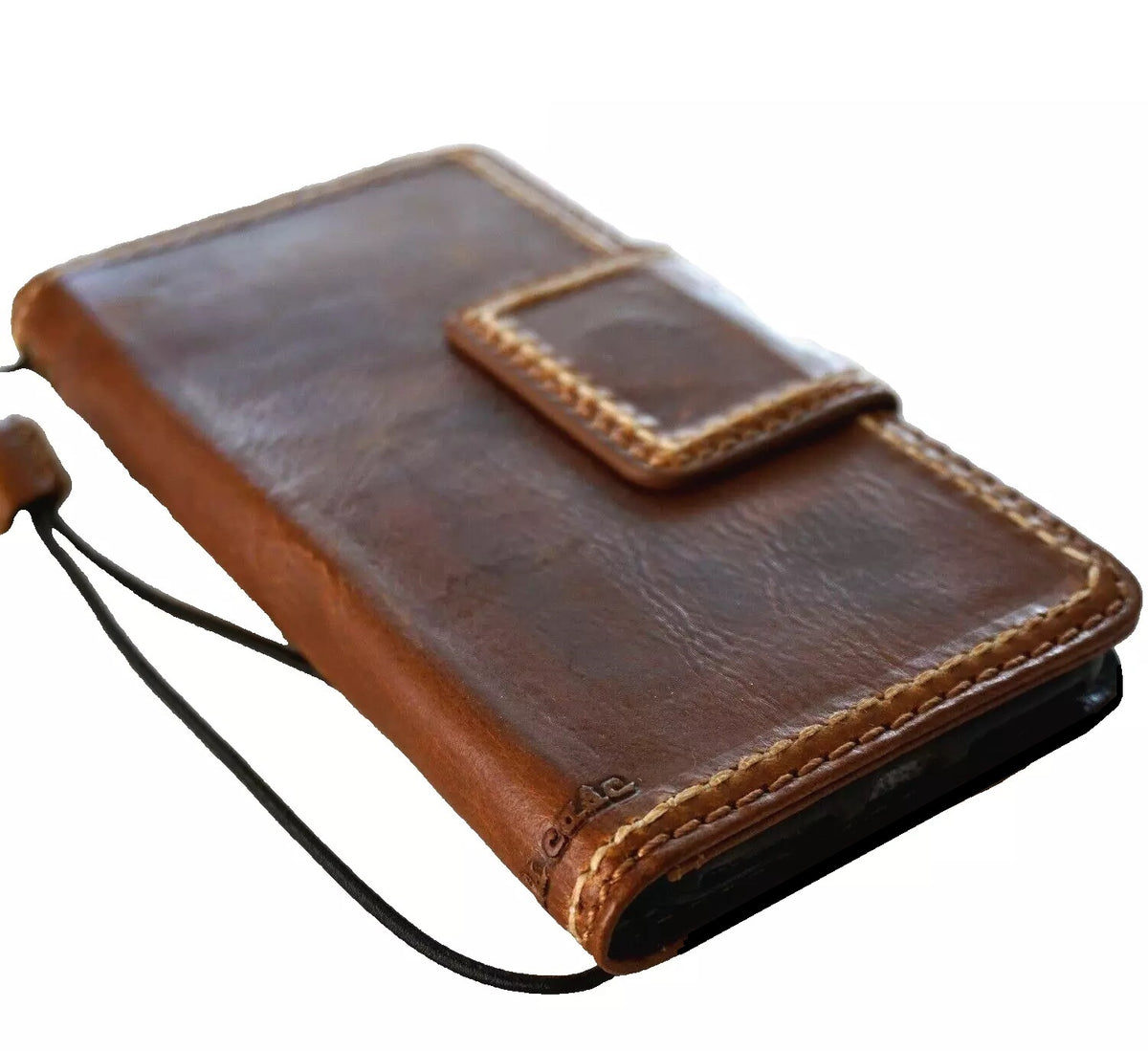Handmade genuine leather phone case for Galaxy S25, S24, S26 Fold, Note, and Edge, featuring wallet, magnetic closure, and FE sew details.