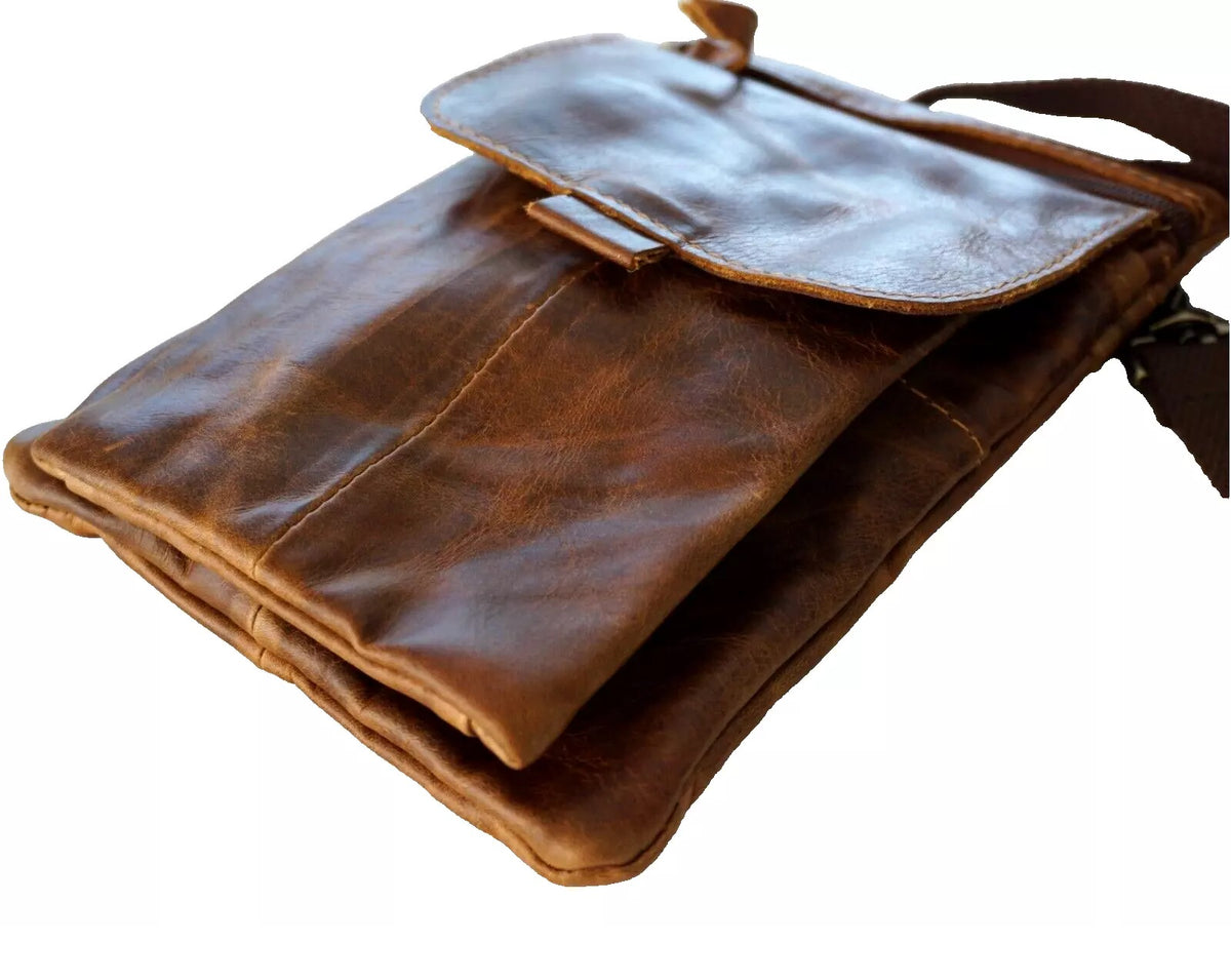 Brown genuine leather crossbody bag for men, vintage style, slim and soft, by DAVISCASE, suitable for both men and women.