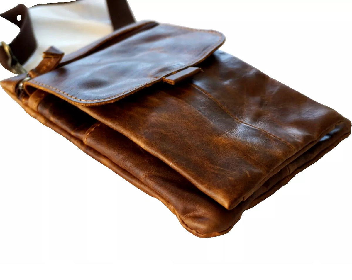 Genuine brown leather cross body bag for men, vintage slim style, soft and classic design by DAVISCASE