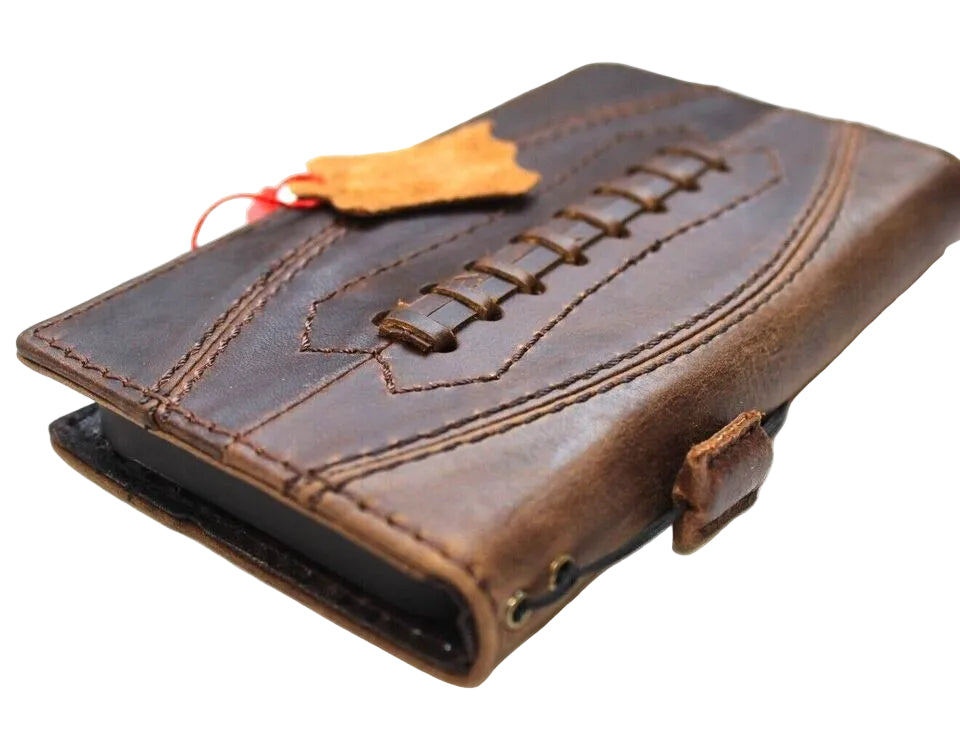 Handmade leather phone case for Galaxy S series and Note models, featuring a football design, wallet style, and protective cover.