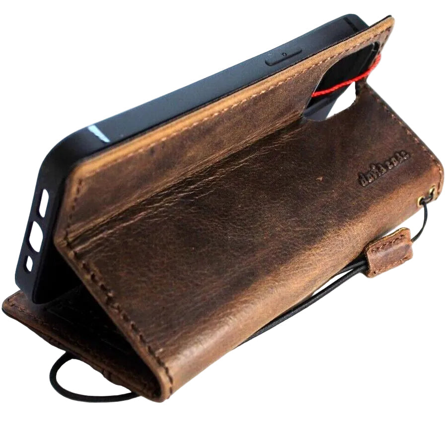 Handmade genuine leather phone case for Samsung Galaxy S series and Note models, featuring a wallet book design and art details.