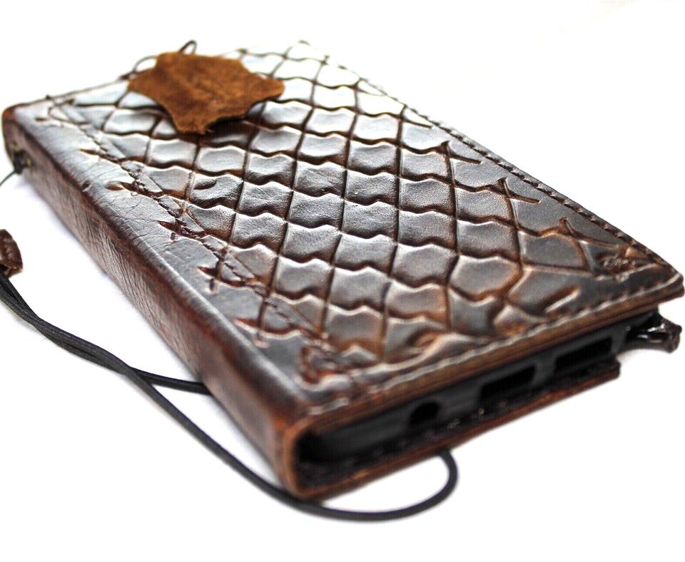 Handmade genuine leather phone case for Samsung Galaxy A71, A51, A12, and other models, with vintage art wallet design and luxury finish.