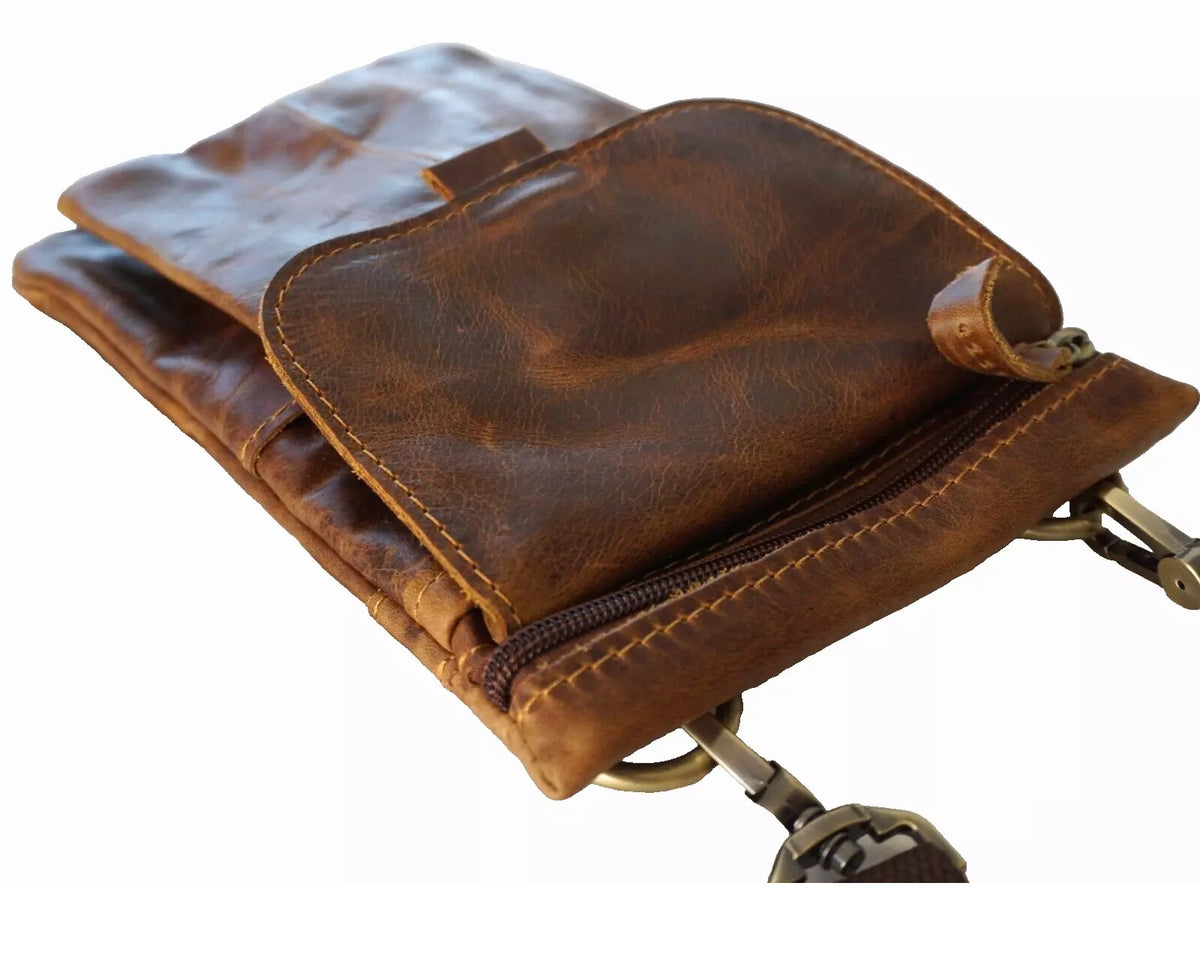 Genuine brown leather crossbody bag for men with a slim, vintage style, featuring soft, classic design from DAVISCASE.