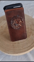 Handmade genuine leather phone case for iPhone 11-15 Pro Max with credit card slots, vintage style, and full grain leather.