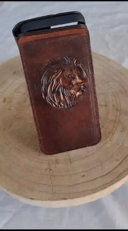 Handmade genuine leather phone case for iPhone 11-15 Pro Max with credit card slots, vintage style, and full grain leather.