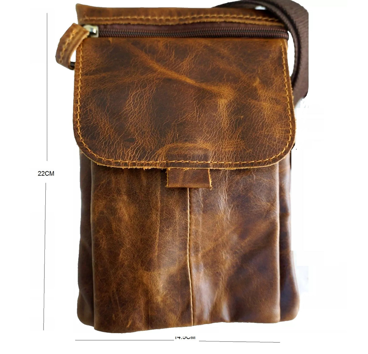Genuine brown leather crossbody bag for men, vintage style, slim and soft design by DAVISCASE, suitable for both men and women.