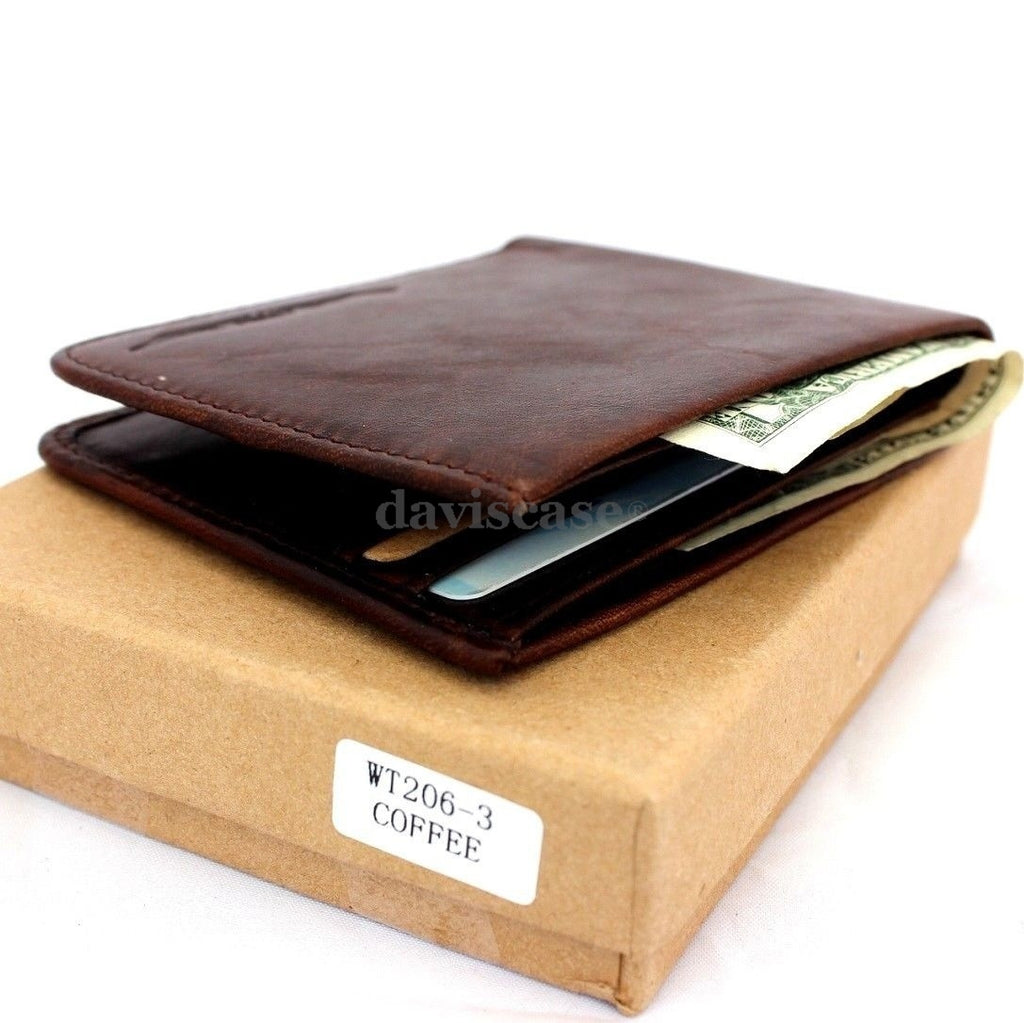 Men's DAVISCASE genuine leather wallet with 6 credit card slots, 2 bill compartments, slim brown design.