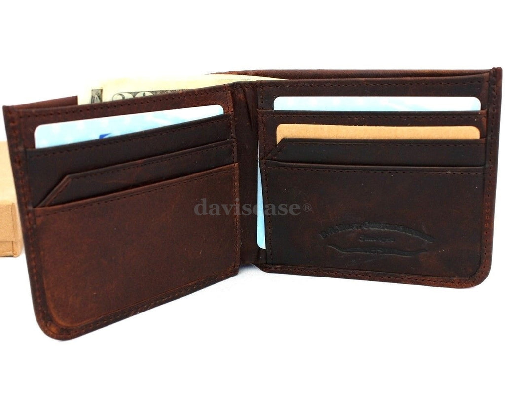 Men's genuine leather wallet by DAVISCASE with 6 credit card slots, 2 bill compartments, and a slim, brown luxury design.