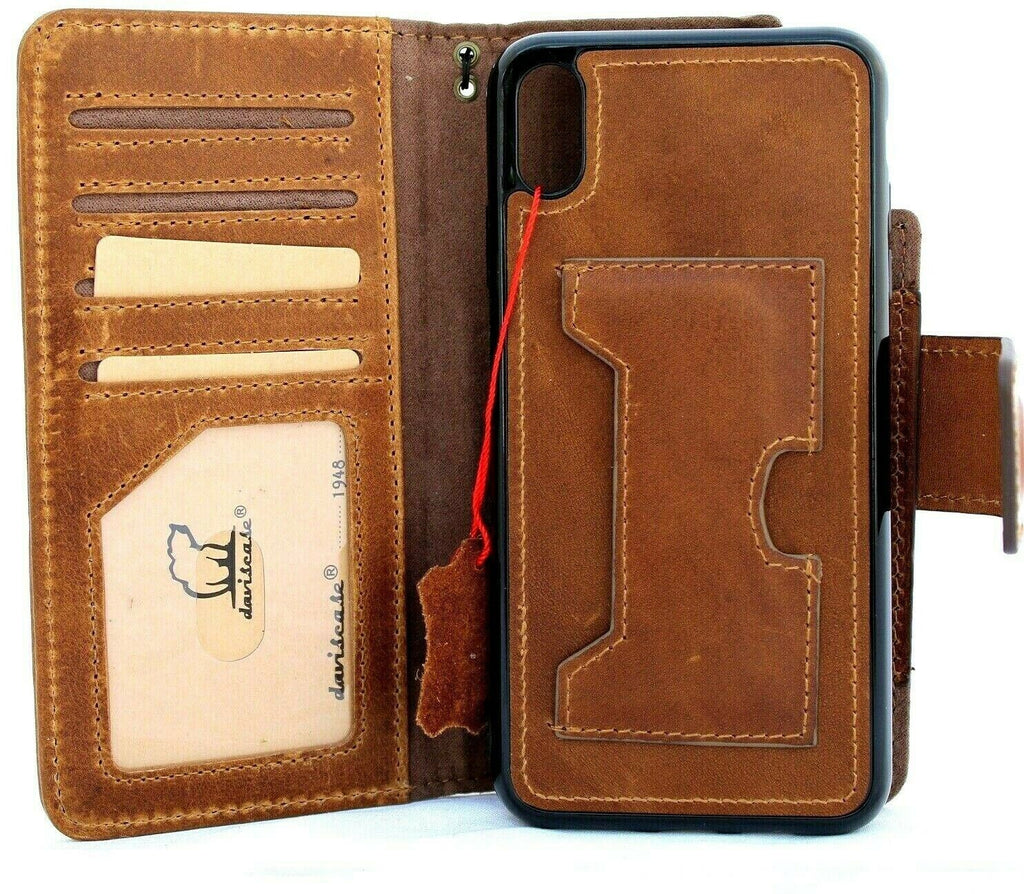 Handmade genuine leather iPhone XS Max case by DavisCase with wallet compartments, removable stand, soft rubber grip, suitable for wireless charging.