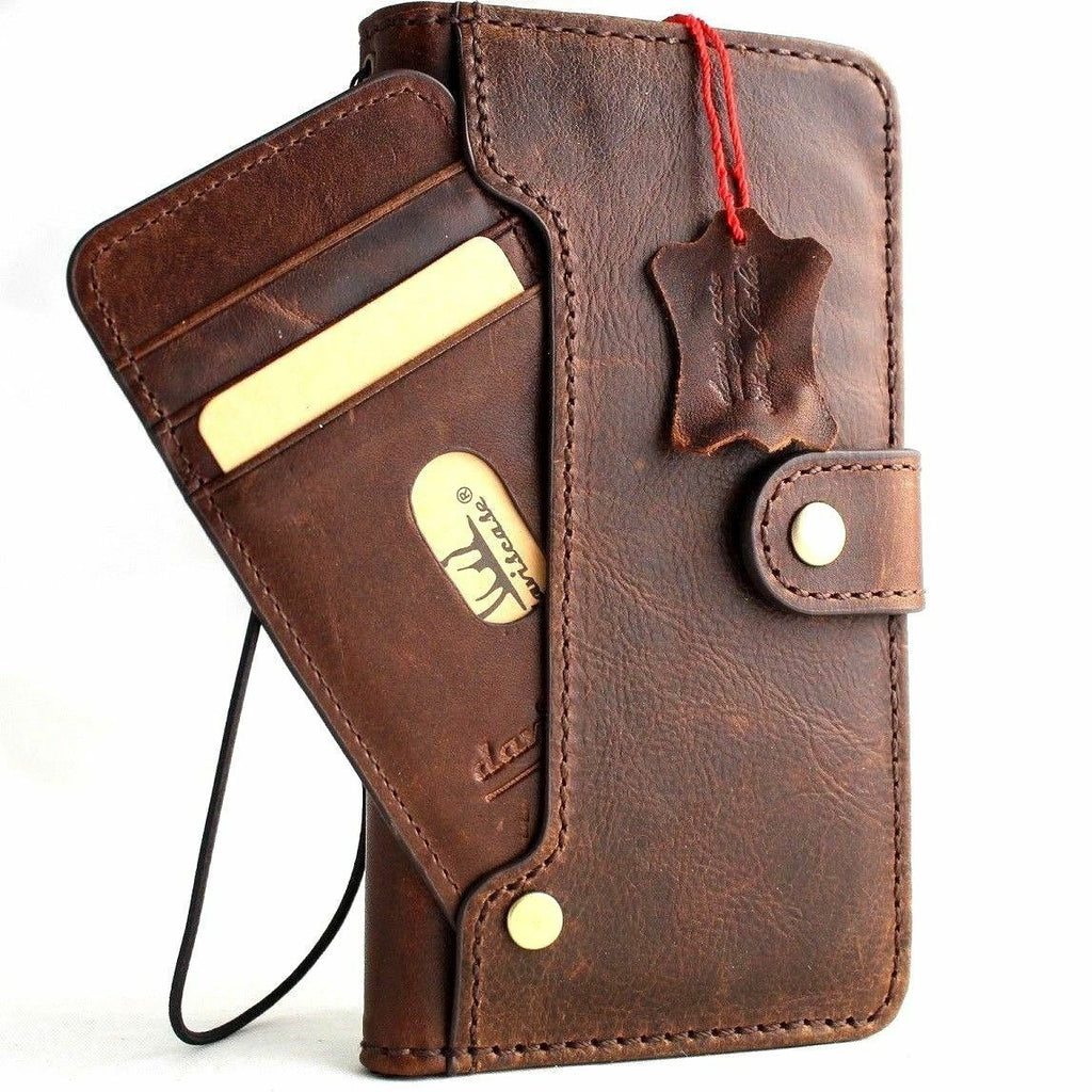 Handmade genuine Italian leather Samsung Galaxy S9 wallet case with rubber holder and wireless charging compatibility in dark color.
