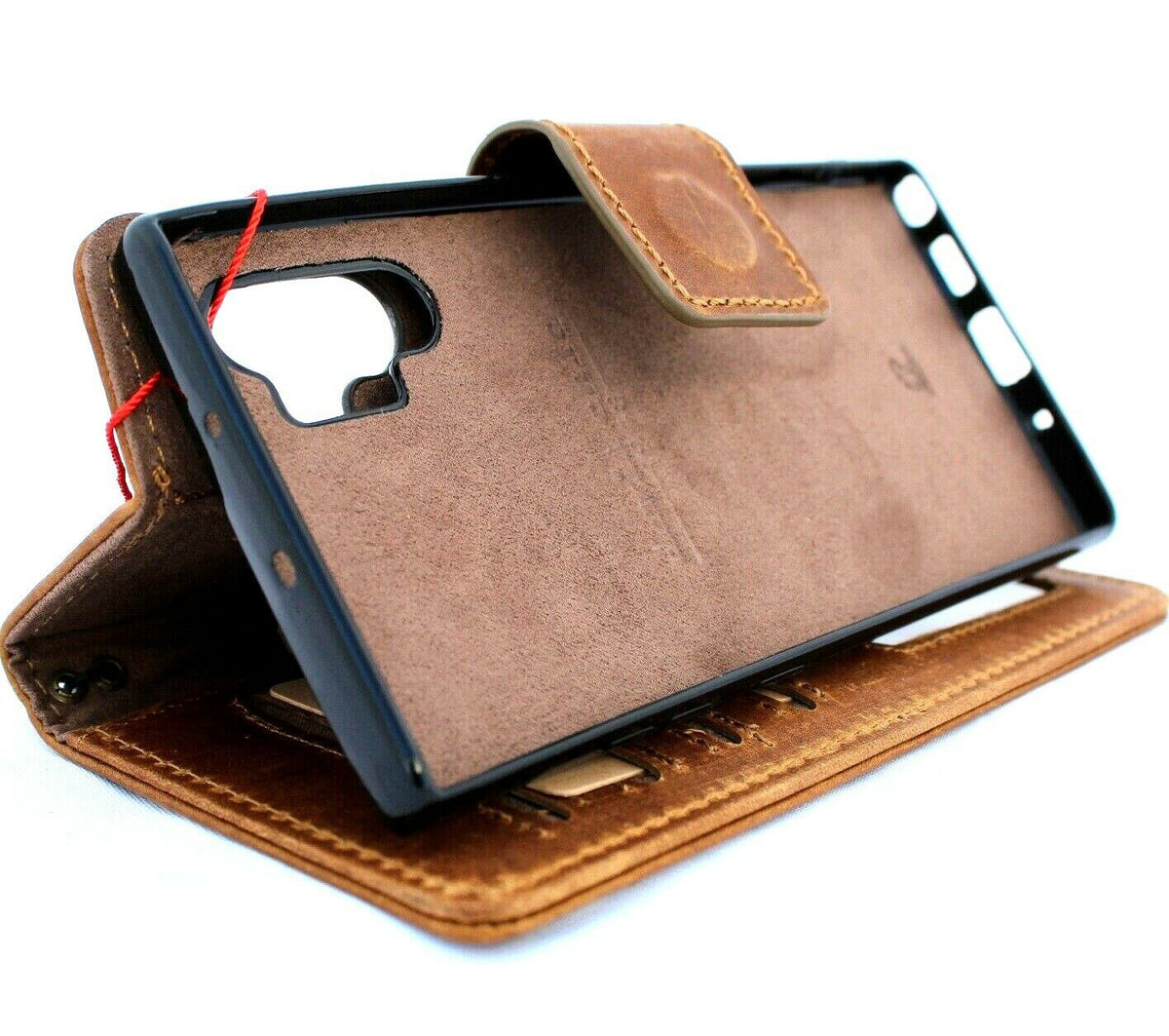 Genuine full tanned leather Samsung Galaxy Note 10 Plus wallet case with removable slots, rubber window, ID slot, and wireless charging.