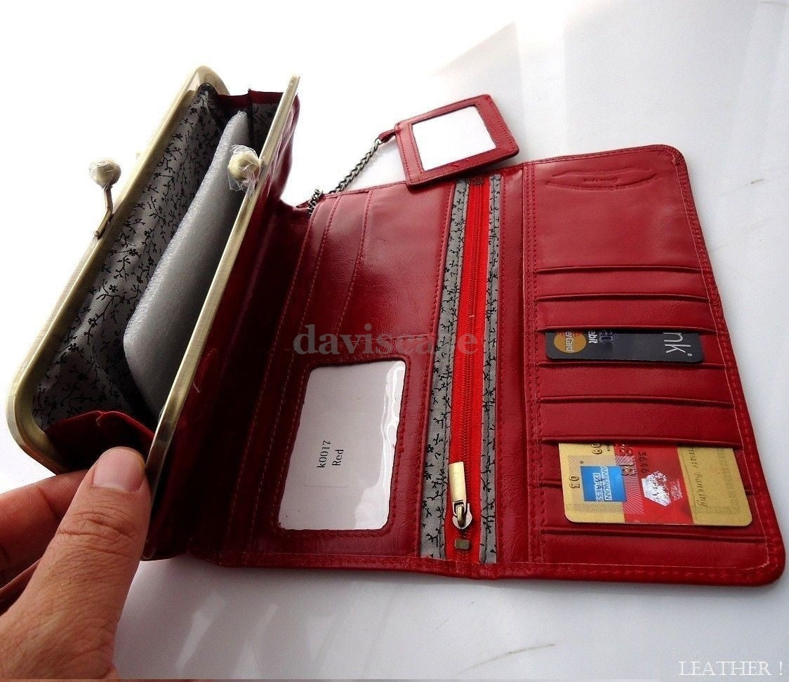 Red genuine leather women's wallet with card slots, coin compartment, and clutch design by DAVISCASE, stylish and functional.
