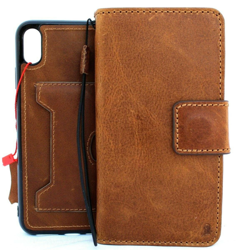 Handmade genuine leather iPhone XS Max case by DAVISCASE with wallet card slots, soft rubber stand, and wireless charging compatibility.