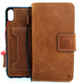 Handmade genuine leather iPhone XS Max case by DAVISCASE with wallet card slots, soft rubber stand, and wireless charging compatibility.