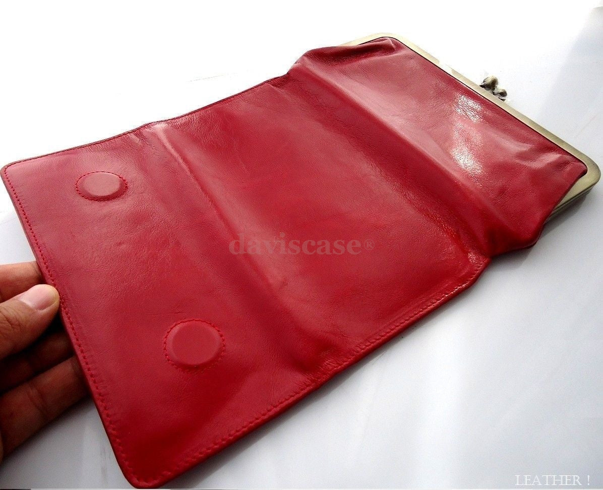 Red DAVISCASE genuine leather women's wallet with card slots, coin pouch, and clutch design, showcasing a stylish and functional purse.