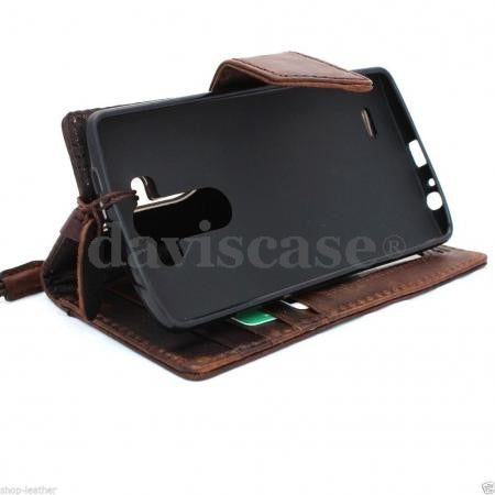 Vintage genuine leather hard phone case for LG G3, handmade slim book wallet with magnetic closure, luxury style.
