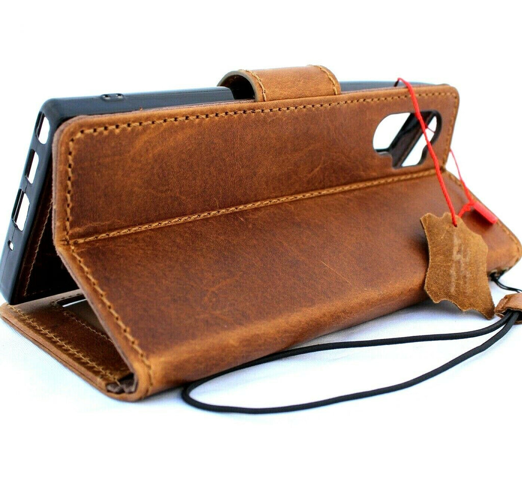 Handmade genuine full tanned leather Samsung Galaxy Note 10 Plus case with wallet slots, removable ID window, and wireless charging compatibility.